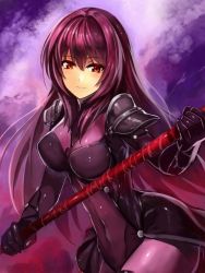 Rule 34 | 1girl, bodysuit, breasts, covered navel, edobox, fate/grand order, fate (series), gae bolg (fate), long hair, polearm, purple bodysuit, purple hair, red eyes, scathach (fate), scathach (fate), solo, weapon