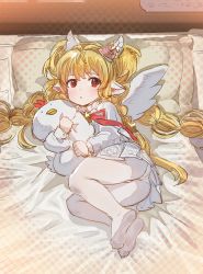 Rule 34 | 1girl, animal ears, ass, blonde hair, bow (bhp), braid, dress, granblue fantasy, holding, long hair, looking at viewer, lying, mahira (granblue fantasy), on side, panties, pantyhose, parted lips, red eyes, solo, twin braids, underwear, white dress, white panties, white pantyhose