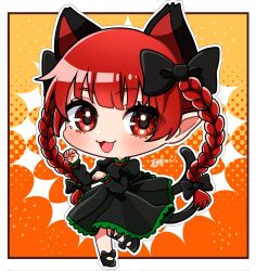 Rule 34 | 1girl, :3, :d, animal ears, black dress, blunt bangs, bow, braid, cat ears, cat tail, chibi, dress, eyes visible through hair, full body, hair bow, hair ribbon, highres, ishiki nuru, juliet sleeves, kaenbyou rin, long hair, long sleeves, multiple tails, nekomata, open mouth, outline, paw pose, puffy sleeves, red eyes, red hair, ribbon, simple background, smile, solo, standing, standing on one leg, tail, touhou, tress ribbon, twin braids, two tails, very long hair, white outline