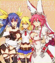 Rule 34 | 3girls, arc system works, bare shoulders, belt, blazblue, blazblue: chronophantasma, blonde hair, blue eyes, blue hair, bow, breast envy, breasts, cleavage, cleavage cutout, clothing cutout, company connection, crossover, detached sleeves, dizzy (guilty gear), dress, earrings, elphelt valentine, flower, gloves, guilty gear, guilty gear xrd, hair bow, hair ornament, hair ribbon, happy birthday, hat, jewelry, large breasts, merry christmas, midriff, miniskirt, multiple girls, navel, noel vermillion, pink hair, red eyes, ribbon, rose, skirt, sumeshi (ambivalince), thighhighs, trait connection, twintails, zettai ryouiki