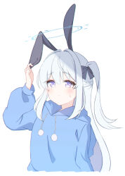 Rule 34 | 1girl, animal ears, blue archive, blue eyes, blue halo, blue hoodie, blush, braid, closed mouth, fake animal ears, foulo paints, hair between eyes, halo, highres, hood, hood down, hoodie, long hair, long sleeves, miyako (blue archive), miyako (young) (blue archive), official alternate costume, one side up, rabbit ears, simple background, solo, upper body, white background, white hair