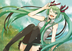 Rule 34 | 1girl, bad id, bad pixiv id, buzz (moi), field, green eyes, green hair, happy, hatsune miku, long hair, matching hair/eyes, necktie, one eye closed, sitting, skirt, solo, thighhighs, twintails, vocaloid, wink