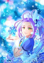 Rule 34 | 1girl, closed mouth, cure beat, eyelashes, hair intakes, hair ornament, heart, heart hair ornament, high ponytail, highres, lens flare, long hair, looking at viewer, manekineko5319, precure, purple hair, purple sleeves, short sleeves, side ponytail, smile, snowflakes, solo, suite precure, upper body, very long hair, yellow eyes