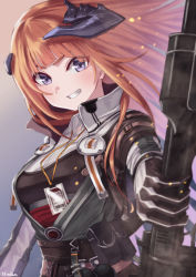 Rule 34 | 1girl, arknights, badge, bagpipe (arknights), dragon horns, explosive, gloves, grenade, grin, gunlance, highres, holding, holding weapon, horns, kumamiya, long hair, orange hair, pouch, purple eyes, smile, solo, weapon