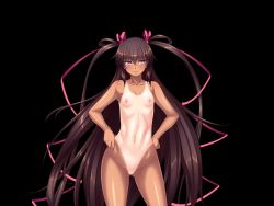 Rule 34 | 00s, 1girl, aoi nagisa (metalder), blush, breasts, brown hair, completely nude, curvy, dark-skinned female, dark skin, female focus, game cg, hair ribbon, hands on own hips, lips, long hair, looking at viewer, mizuki yukikaze, nipples, no pussy, nude, one-piece tan, pink eyes, puffy nipples, ribbon, shiny skin, simple background, small breasts, solo, standing, taimanin (series), taimanin yukikaze, taimanin yukikaze 2, tan, tanline, twintails, very long hair, wide hips