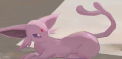 Rule 34 | commentary, creatures (company), espeon, forked tail, from side, game freak, gen 2 pokemon, highres, looking back, lying, nintendo, no humans, on stomach, pn (ltpn 257), pokemon, pokemon (creature), purple eyes, signature, tail