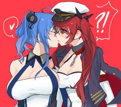Rule 34 | !?, 2girls, absurdres, ahoge, azur lane, bad id, bad pixiv id, bare shoulders, black ribbon, blue hair, blush, breasts, buttons, chain, cleavage, closed eyes, collarbone, daiishori, double-breasted, dress, elbow gloves, gloves, hair ornament, hair ribbon, hat, heart, highres, honolulu (azur lane), jacket, jacket on shoulders, kiss, large breasts, multiple girls, peaked cap, red eyes, red hair, ribbon, shiny skin, sidelocks, spoken heart, st. louis (azur lane), twintails, upper body, white gloves, yuri