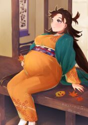 Rule 34 | 1girl, @mi ne ral, breasts, fate/grand order, fate (series), himiko (fate), japanese clothes, kimono, leaf, pregnant, sitting, yukata
