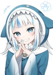 Rule 34 | 1girl, animal hood, blue hair, blue hoodie, blue nails, blush, commentary request, dot nose, fish bone, gawr gura, gawr gura (1st costume), green eyes, grin, highres, hololive, hololive english, hood, hoodie, konogi nogi, long sleeves, looking at viewer, multicolored hair, musical note, musical note print, nail polish, open mouth, own hands together, shark hood, sharp teeth, simple background, smile, solo, streaked hair, teeth, upper body, virtual youtuber, white background, white hair, wide sleeves