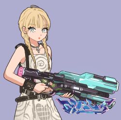 Rule 34 | 1girl, aespa, animification, belt, black belt, black wristband, blonde hair, braid, collarbone, cross, cross necklace, grey eyes, grey skirt, grey tank top, gun, guriming, hair behind ear, highres, holding, holding gun, holding weapon, jewelry, k-pop, looking at viewer, necklace, purple background, real life, skirt, solo, song name, tank top, twin braids, weapon, winter (aespa)
