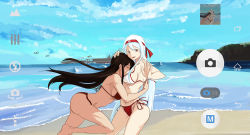 Rule 34 | aircraft, aircraft carrier, airplane, akagi (aircraft carrier), akagi (kancolle), ass, beach, bikini, blue sky, blush, breast smother, breasts, brown hair, camera, closed eyes, cloud, cloudy sky, commentary request, day, face to breasts, graphite (medium), hair ribbon, historical name connection, kantai collection, long hair, looking at viewer, military, military vehicle, multiple girls, name connection, object namesake, ocean, outdoors, fake phone screenshot, photoshop (medium), recording, ribbon, sen (alshy379), ship, shore, shoukaku (aircraft carrier), shoukaku (kancolle), side-tie bikini bottom, sideboob, sky, straight hair, swimsuit, traditional media, underboob, viewfinder, warship, watercraft, waves, white hair, yuri