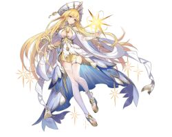 Rule 34 | 1girl, anklet, apollo (ark order), ark order, bare shoulders, blonde hair, blue eyes, bracelet, breast curtains, breasts, closed mouth, collar, detached sleeves, dress, full body, gold, harp, hat, hatoyama itsuru, holding, holding instrument, instrument, jewelry, large breasts, light, long hair, long sleeves, necklace, official art, platform footwear, sandals, smile, solo, sparkle, star (sky), tachi-e, thighlet, toeless legwear, transparent background, veil, very long hair, white dress, white hat, wide sleeves