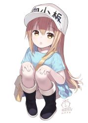 Rule 34 | 10s, 1girl, :o, artist logo, artist name, bag, baseball cap, black footwear, blue shirt, capriccio, child, commentary request, dated, full body, hair between eyes, hands on own knees, hat, hataraku saibou, headwear writing, looking at viewer, platelet (hataraku saibou), shirt, short sleeves, shorts, shoulder bag, simple background, solo, translation request, white hat, white shirt, white shorts, yellow eyes