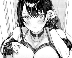 Rule 34 | 1girl, adjusting hair, black hair, blush, breasts, choker, cleavage, detached sleeves, greyscale, hajirau kimi ga mitainda, highres, honjou kaho, jewelry, lace-trimmed wrist cuffs, lace trim, large breasts, lingerie, long hair, mole, mole under mouth, monochrome, necklace, pearl necklace, puffy detached sleeves, puffy sleeves, ribbon choker, uma raclette, underwear, upper body, wrist cuffs