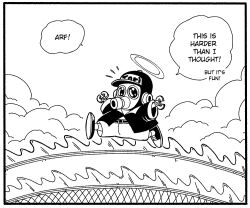 Rule 34 | 1boy, ankle socks, baseball cap, belt, black belt, black footwear, black shirt, border, character name, clear sky, clothes writing, cloud, commentary, dragon ball, dragonball z, english commentary, english text, flying sweatdrops, halo, hat, kawaindex, lapels, male focus, monochrome, outstretched arms, robot, running, shirt, shoes, short sleeves, shorts, sky, snake way, sneakers, socks, sound effects, speech bubble, spread arms, toriyama akira (character), white border