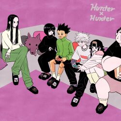 Rule 34 | 1girl, 5boys, alluka zoldyck, black eyes, black hair, black pants, black shirt, black shorts, blonde hair, brother and sister, brothers, chips (food), couch, food, gon freecss, green jacket, green pants, highres, holding, holding needle, hunter x hunter, illumi zoldyck, jacket, jewelry, kalluto zoldyck, killua zoldyck, layered sleeves, long hair, long sleeves, mike (hunter x hunter), milluki zoldyck, multi-tied hair, multiple boys, necklace, needle, nintendo switch, on couch, pants, pillow, pink background, playing games, purple eyes, shirt, short hair, short over long sleeves, short sleeves, shorts, siblings, slippers, smile, socks, takeuchi ryousuke, title, white hair, white shirt