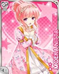 Rule 34 | 1girl, alternate costume, bow, breasts, card, character name, cleavage, dress, girlfriend (kari), hair bun, hairband, looking at viewer, music, nitta moeka, official art, open mouth, own hands together, pink background, pink bow, pink hair, purple eyes, qp:flapper, singing, single hair bun, smile, solo, tagme, yellow dress