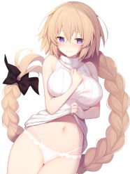 Rule 34 | 1girl, blonde hair, blush, braid, breasts, closed mouth, clothes lift, fate (series), jeanne d&#039;arc (fate), jeanne d&#039;arc (ruler) (fate), lace, lace-trimmed panties, lace trim, large breasts, long hair, looking at viewer, miko (royal milk), multi-strapped panties, navel, panties, purple eyes, single braid, skindentation, smile, solo, stomach, sweater, sweater lift, sweater vest, turtleneck, turtleneck sweater, underwear, very long hair, white panties, white sweater