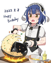 Rule 34 | 1girl, animal ears, apron, black hairband, blue hair, blunt bangs, blush, center frills, collared shirt, commentary request, cooking, cowboy shot, cross tie, dated, english text, fake animal ears, fang, fire, flat chest, fleur de lapin uniform, flipping food, floppy ears, food, fried rice, frilled apron, frilled cuffs, frilled hairband, frilled shirt, frills, frying pan, gochuumon wa usagi desu ka?, hairband, happy birthday, highres, holding, holding frying pan, holding spoon, jouga maya, looking at viewer, maid headdress, mixing bowl, mohei, open mouth, puffy short sleeves, puffy sleeves, rabbit ears, shirt, short hair, short sleeves, simple background, skin fang, solo, spoon, standing, stove, sweat, underbust, waist apron, white apron, white background, white shirt, wok, wrist cuffs, yellow eyes