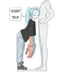 Rule 34 | 1boy, 1girl, aqua hair, black footwear, black shirt, blue pants, closed eyes, cyberpunk (series), cyberpunk edgerunners, english text, hand on another&#039;s head, head out of frame, highres, long hair, mechanical arms, pants, parted lips, ponytail, profanity, rebecca (cyberpunk), shirt, short sleeves, simple background, standing, white background, zlix0n