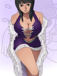 Rule 34 | absurdres, black hair, blue eyes, blunt bangs, breasts, corset, cow girl, cross-laced clothes, fur collar, fur trim, highres, large breasts, midriff, navel, nico robin, nico robin (alabasta), one piece, purple corset, tagme