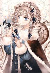 Rule 34 | 1girl, abstract background, alternate costume, arms up, blue eyes, braid, cape, chain, coat, cowboy shot, expressionless, eyelashes, flower, fur-trimmed cape, fur-trimmed sleeves, fur trim, hair flower, hair ornament, hair ribbon, highres, holding, holding knife, izayoi sakuya, knife, looking to the side, maid headdress, majamari, pocket watch, red cape, ribbon, roman numeral, short hair, silver hair, solo, standing, touhou, tress ribbon, twin braids, watch, winter clothes, winter coat