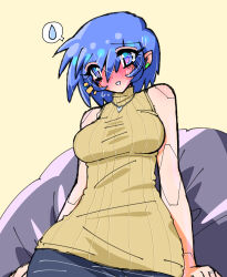 Rule 34 | absurdres, aoba (aunana), blue eyes, blue hair, blush, breasts, chair, cyborg, denim, eyes visible through hair, heart, heart necklace, highres, jeans, jewelry, joints, large breasts, miyuki mama, necklace, pants, ring, robot joints, shirt, sitting, sitting on object, turtleneck, turtleneck shirt, wedding band, yellow turtleneck
