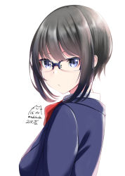 Rule 34 | 1girl, blazer, blue-framed eyewear, blue eyes, blue jacket, blush, bow, bowtie, breasts, brown hair, closed mouth, collared shirt, dated, from side, glasses, hair between eyes, jacket, looking at viewer, looking to the side, nekobaka, original, over-rim eyewear, red bow, red bowtie, semi-rimless eyewear, shirt, sidelocks, signature, simple background, small breasts, solo, twitter username, white background, white shirt