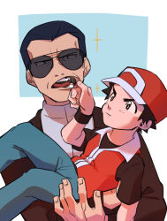 Rule 34 | 2boys, absurdres, baseball cap, black hair, closed mouth, commentary request, creatures (company), game freak, giovanni (pokemon), green pants, hat, highres, jacket, male focus, mouth pull, multiple boys, nintendo, pants, pokemon, pokemon frlg, red (pokemon), red headwear, red jacket, shirt, short hair, short sleeves, sleeveless, sleeveless jacket, sparkle, sunglasses, t-shirt, wanineko2001