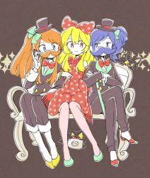 Rule 34 | 10s, 3girls, aikatsu!, aikatsu! (series), bench, blonde hair, blue eyes, blue hair, bow, bowtie, brown background, brown hair, crossed arms, crossed legs, dress, facial hair, fake facial hair, fake mustache, flats, flower, flower necklace, formal, green bow, hair bow, hat, holding another&#039;s arm, hoshimiya ichigo, jewelry, kiriya aoi, lei, long hair, looking at another, looking at viewer, mini hat, mini top hat, mokeo, multiple girls, mustache, necklace, pants, polka dot, polka dot bow, red bow, red bowtie, red eyes, shibuki ran, side ponytail, sidelocks, simple background, sitting, smile, sparkle, suit, top hat, traditional bowtie