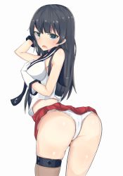 Rule 34 | 1girl, agano (kancolle), anchor symbol, ass, bad id, bad pixiv id, bare shoulders, black hair, blush, breasts, fringe trim, garter straps, gloves, green eyes, hand on breast, hand on own head, highres, hoosu (f-o-c), kantai collection, large breasts, long hair, looking at viewer, looking back, open mouth, panties, pleated skirt, sailor collar, simple background, single thighhigh, skirt, skirt rolled up, solo, thighhighs, underwear, white background, white panties