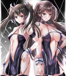 Rule 34 | 2girls, absurdres, azur lane, bare shoulders, breasts, brown hair, cleavage, crossover, dress, hair ribbon, halterneck, high ponytail, highres, historical name connection, kantai collection, kentan (kingtaiki), large breasts, long hair, looking at viewer, multiple girls, name connection, navel, official alternate costume, ponytail, race queen, revealing clothes, ribbon, side ponytail, smile, thighhighs, twintails, very long hair, yellow eyes, zuikaku (azur lane), zuikaku (kancolle), zuikaku (the wind&#039;s true name) (azur lane)
