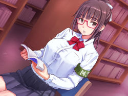 Rule 34 | 1girl, armband, blue skirt, book, bow, bowtie, breasts, brown eyes, brown hair, chair, collared shirt, dutch angle, glasses, hair ribbon, holding, holding book, large breasts, library, looking at viewer, matching hair/eyes, md5 mismatch, open book, original, parted lips, pleated skirt, ponytail, red-framed eyewear, red bow, red bowtie, resolution mismatch, ribbon, school uniform, shimano natsume, shirt, sitting, skirt, solo, source larger, white ribbon, white shirt