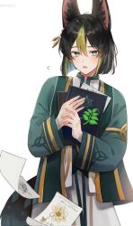Rule 34 | 1boy, a20190422, animal ears, blue eyes, blush, character request, genshin impact, green robe, highres, holding, holding notebook, looking at viewer, male focus, medium hair, motion lines, notebook, open mouth, paper, robe, simple background, solo, sweatdrop, upper body, white background