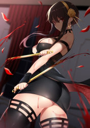 Rule 34 | 1girl, ass, black dress, black hair, black thighhighs, blood, blood on breasts, bloody weapon, blurry, blurry background, breasts, closed mouth, cowboy shot, dagger, dress, dual wielding, earrings, falling petals, flower, from behind, glint, gold earrings, gold hairband, hair flower, hair ornament, hairband, highres, holding, holding dagger, holding knife, holding weapon, jewelry, kippuru, knife, large breasts, looking at viewer, looking back, petals, red eyes, rose, skindentation, solo, spikes, spy x family, thighhighs, thighs, twisted torso, two-sided dress, two-sided fabric, weapon, window, yor briar