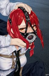 Rule 34 | 1girl, 1other, absurdres, bdsm, bondage, bound, chainsaw man, drawfagmona, gag, gagged, hands on another&#039;s head, highres, looking at viewer, makima (chainsaw man), medium hair, necktie, pants, plug gag, red hair, ringed eyes, rope, shibari, shibari over clothes, shirt, signature, teeth, tongue, yellow eyes