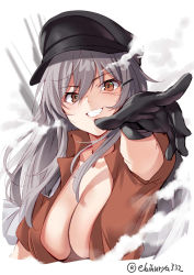 Rule 34 | 1girl, black gloves, black hat, breasts, brown shirt, cleavage, collarbone, collared shirt, ebifurya, gangut (kancolle), gangut dva (kancolle), gloves, grey hair, grin, hair between eyes, hat, highres, kantai collection, large breasts, long hair, one-hour drawing challenge, orange eyes, peaked cap, scar, scar on face, shirt, short sleeves, simple background, smile, solo, twitter username, white background