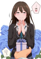Rule 34 | 1girl, 1other, aojiroi fokkusu, blush, brown hair, cardigan, earrings, floral background, gift, green eyes, heart, highres, idolmaster, idolmaster cinderella girls, jewelry, long hair, necklace, necktie, own hands together, school uniform, shibuya rin, simple background, skirt, smile, speech bubble, tearing up, white background