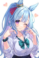 Rule 34 | 1girl, ;), animal ears, black skirt, blue hair, blue nails, blush, bow, breasts, cleavage, closed mouth, collared shirt, commentary request, diagonal-striped bow, double v, dress shirt, green bow, hands up, heart, highres, horse ears, long hair, long sleeves, looking at viewer, medium breasts, mejiro ardan (umamusume), multicolored nails, nail polish, one eye closed, pink hair, pleated skirt, purple eyes, school uniform, scrunchie, shirt, simple background, skirt, smile, solo, tomo (tmtm mf mf), umamusume, v, very long hair, white background, white shirt, wrist scrunchie, yellow nails