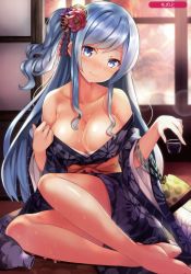Rule 34 | 1girl, absurdres, artist name, bare legs, bare shoulders, barefoot, blue eyes, blue hair, blush, breasts, cleavage, closed mouth, collarbone, cup, evening, hair ornament, hand up, head tilt, highres, holding, holding cup, indoors, kanzashi, large breasts, legs, long hair, looking at viewer, melonbooks, monoto, one side up, original, plantar flexion, sidelocks, sitting, sliding doors, smile, solo, swept bangs, tatami, very long hair, wavy hair, wet