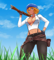 Rule 34 | 1girl, black pants, blonde hair, blue eyes, blue hat, breasts, brown gloves, cabbie hat, call (red ash), cleavage, closed mouth, crop top, gloves, gun, hat, highres, long sleeves, navel, pants, pouch, red ash, rifle, shirt, short hair, smile, solo, suspenders, weapon, white shirt