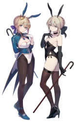 Rule 34 | 2girls, adapted costume, ahoge, alternate costume, animal ears, arm behind back, artoria pendragon (all), artoria pendragon (fate), bare shoulders, black bow, black choker, black footwear, black gloves, black leotard, black thighhighs, blonde hair, blush, bow, braid, breasts, brown thighhighs, cane, choker, cleavage, coattails, collarbone, crown, elbow gloves, fake animal ears, fate/stay night, fate (series), french braid, full body, gloves, green eyes, hair between eyes, hair bow, hair bun, high heels, highleg, highleg leotard, highres, holding, holding cane, leotard, long hair, long sleeves, looking at viewer, medium breasts, multiple girls, open mouth, pantyhose, playboy bunny, rabbit ears, rabbit girl, rabbit tail, saber (fate), saber alter, sidelocks, simple background, single hair bun, small breasts, strapless, strapless leotard, tail, tailcoat, thighhighs, vivi (eve no hakoniwa), white background, white gloves, yellow eyes