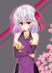 Rule 34 | 1girl, absurdres, armlet, armor, bare shoulders, bikini armor, blush, bracelet, breasts, cherry blossoms, collar, covered navel, detached sleeves, dress, earrings, fate/grand order, fate (series), grey background, hair ribbon, highres, jewelry, kama (fate), licking lips, looking at viewer, metal collar, miniskirt, namaponpon 00, pelvic curtain, purple dress, purple skirt, purple sleeves, red eyes, ribbon, ring, short hair, silver hair, skirt, small breasts, smile, tongue, tongue out