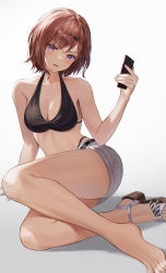 Rule 34 | 1girl, absurdres, bare arms, bare shoulders, barefoot, bikini, bikini top only, bikini under clothes, black bikini, breasts, brown hair, cellphone, cleavage, full body, hair ornament, hairclip, halterneck, head tilt, highres, higuchi madoka, holding, holding phone, hyonee, idolmaster, idolmaster shiny colors, legs, looking at viewer, medium breasts, mole, mole under eye, open mouth, phone, platform footwear, purple eyes, sandals, short hair, short shorts, shorts, simple background, single sandal, sitting, smartphone, solo, swept bangs, swimsuit, thighs, toes, v-shaped eyebrows, white background