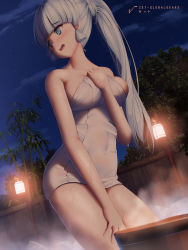 Rule 34 | 1girl, absurdres, ayaka (genshin impact), bare arms, blunt bangs, blush, breasts, cowboy shot, from below, genshin impact, highres, long hair, looking back, medium breasts, naked towel, night, onsen, open mouth, outdoors, ponytail, sidelocks, sky, solo, standing, star (sky), starry sky, towel, very long hair, white hair, zet (globalgears)