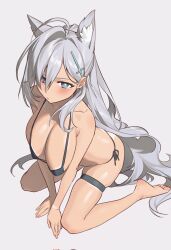 Rule 34 | 1girl, airseal, animal ears, bikini, blue archive, blue eyes, blush, breasts, cleavage, closed mouth, grey background, grey hair, highres, large breasts, long hair, pout, shiroko (blue archive), shiroko (swimsuit) (blue archive), shiroko terror (blue archive), sitting, swimsuit, wariza, white hair, wolf ears, wolf girl