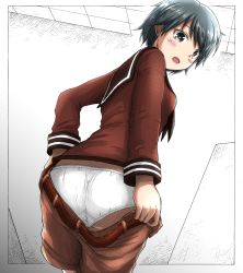 Rule 34 | 1girl, absurdres, ass, belt, black eyes, black hair, breasts, brown sailor collar, brown shorts, commentary request, from behind, h2 (h20000000), highres, kantai collection, long sleeves, looking back, mogami (kancolle), open mouth, panties, partially colored, sailor collar, school uniform, serafuku, short hair, shorts, small breasts, solo, underwear, undressing, white panties