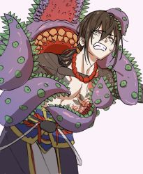 Rule 34 | 1boy, black hair, clenched teeth, commentary request, fate/grand order, fate (series), green eyes, grey background, hair between eyes, highres, leaning forward, long hair, male focus, mi (pic52pic), one eye closed, pants, pelvic curtain, ponytail, sash, sea demon, simple background, solo, sweatdrop, teeth, tentacles, topless male, yan qing (fate)