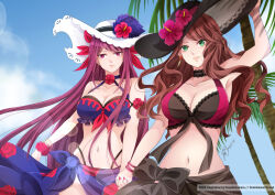 Rule 34 | 2023, 2girls, adapted costume, alternate costume, bare shoulders, breasts, brown hair, cleavage, closed mouth, commission, crossover, dorothea arnault, earrings, female focus, fire emblem, fire emblem: three houses, fire emblem engage, fire emblem heroes, floral print, flower, green eyes, hat, hayashinomura, highres, holding hands, ivy (fire emblem), jewelry, large breasts, light smile, long hair, looking at viewer, matching hair/eyes, matching outfits, mole, mole under mouth, multiple girls, nail polish, navel, nintendo, official alternate costume, print sarong, purple eyes, purple hair, red flower, red rose, rose, rose print, sarong, smile