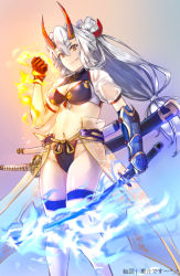 Rule 34 | 1girl, armor, asymmetrical gloves, bikini, bikini armor, blue fire, blue gloves, breasts, cleavage, clenched hand, commentary request, fate/grand order, fate (series), fire, flaming hand, flaming sword, flaming weapon, gloves, hair between eyes, hair ribbon, highleg, highleg bikini, highres, holding, holding sword, holding weapon, horns, japanese armor, katana, keisuke desu~, kote, long hair, low-tied long hair, medium breasts, midriff, mismatched gloves, mitsudomoe (shape), navel, oni horns, purple bikini, red eyes, red gloves, red ribbon, ribbon, scabbard, see-through, sheath, silver hair, solo, swimsuit, sword, thighhighs, tomoe (symbol), tomoe gozen (fate), tomoe gozen (swimsuit saber) (fate), tomoe gozen (swimsuit saber) (third ascension) (fate), waist cape, weapon, white thighhighs
